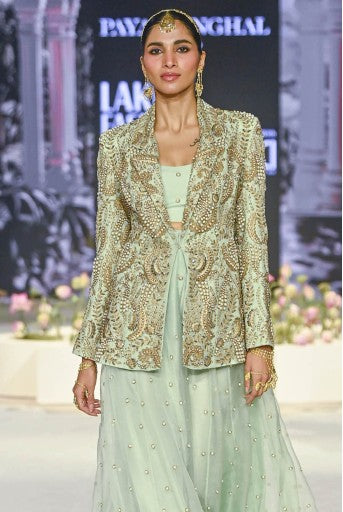 Shazia Mint Embroidered Blazer And Bustier With Sharara